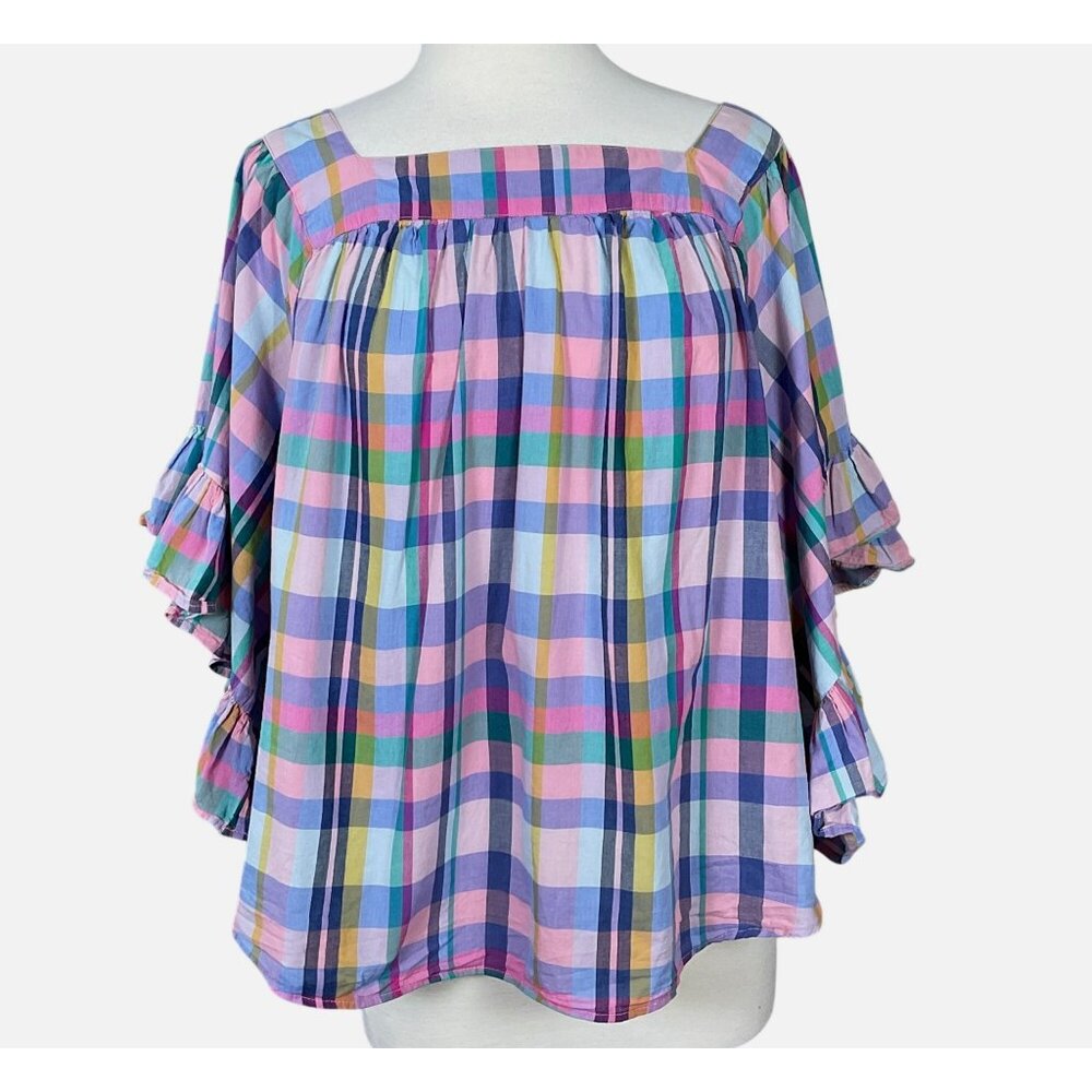 Terra & Sky Multicolored Plaid Square Neck Ruffled Sleeve Peasant Top 3X